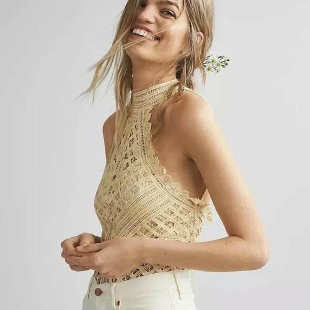 Intimately Free People Be My Battenburg Halter Bodysuit in Vintage Lemon M